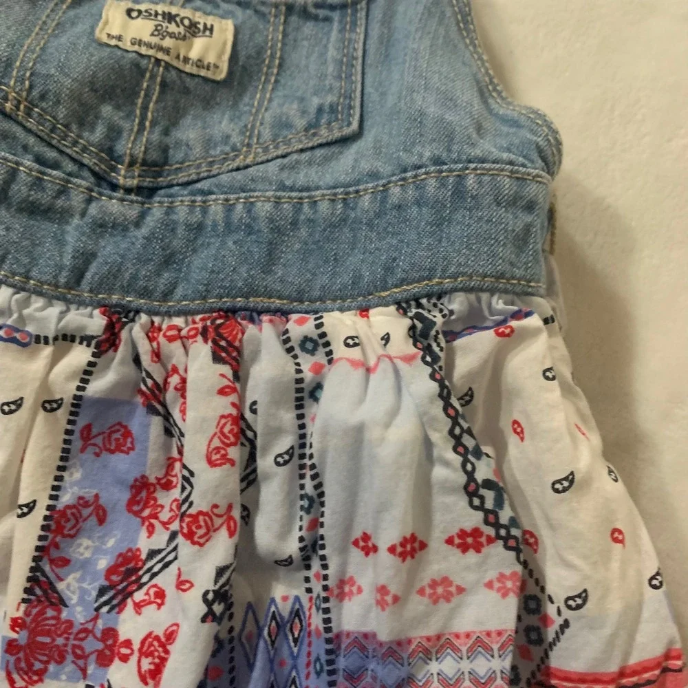 OshKosh B'gosh 18 months Baby Girls Denim Overall Dress Patchwork Blue Red White